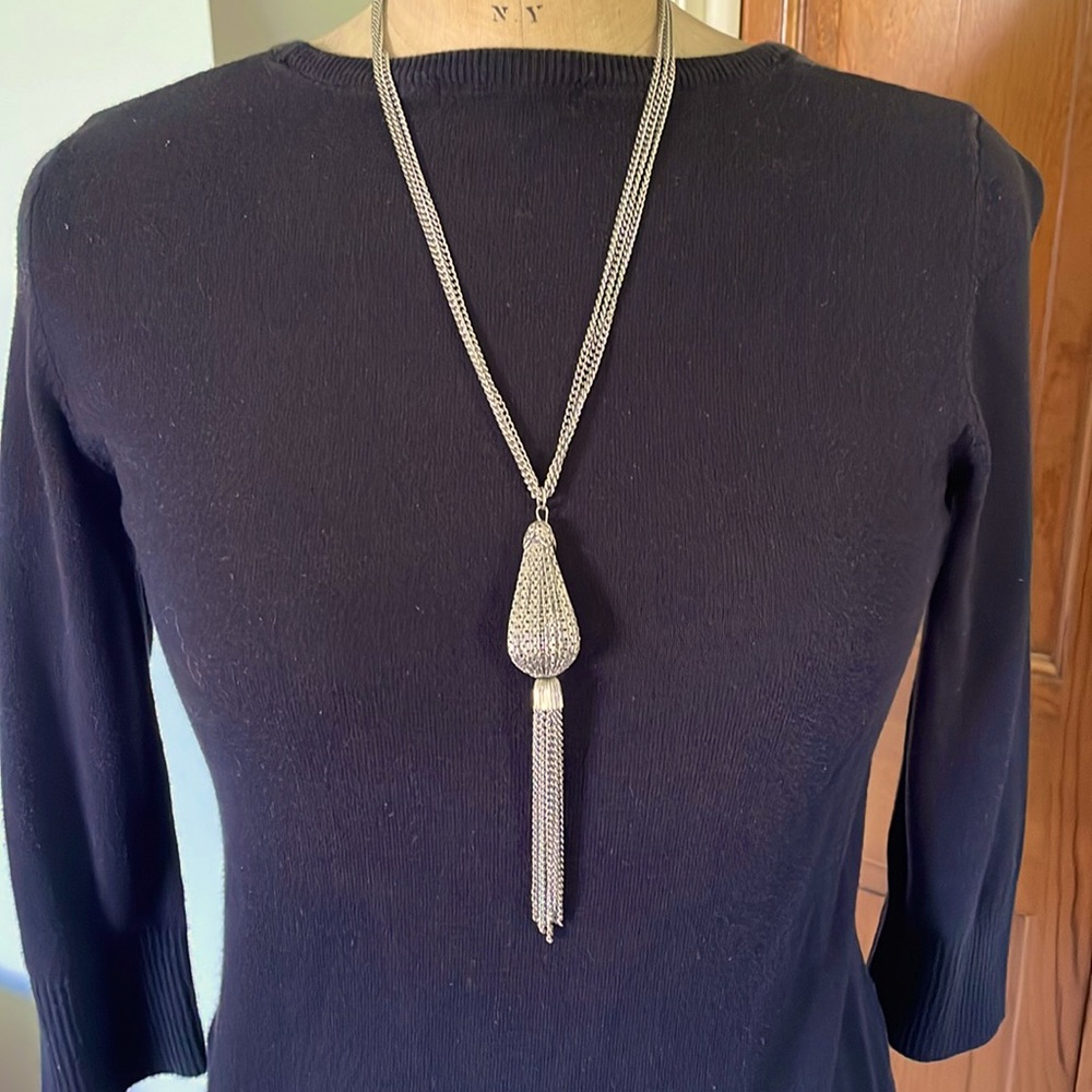 Vintage 70s Era Art Deco Style Triple Chain Silvertone Necklace w Tassel Pendant